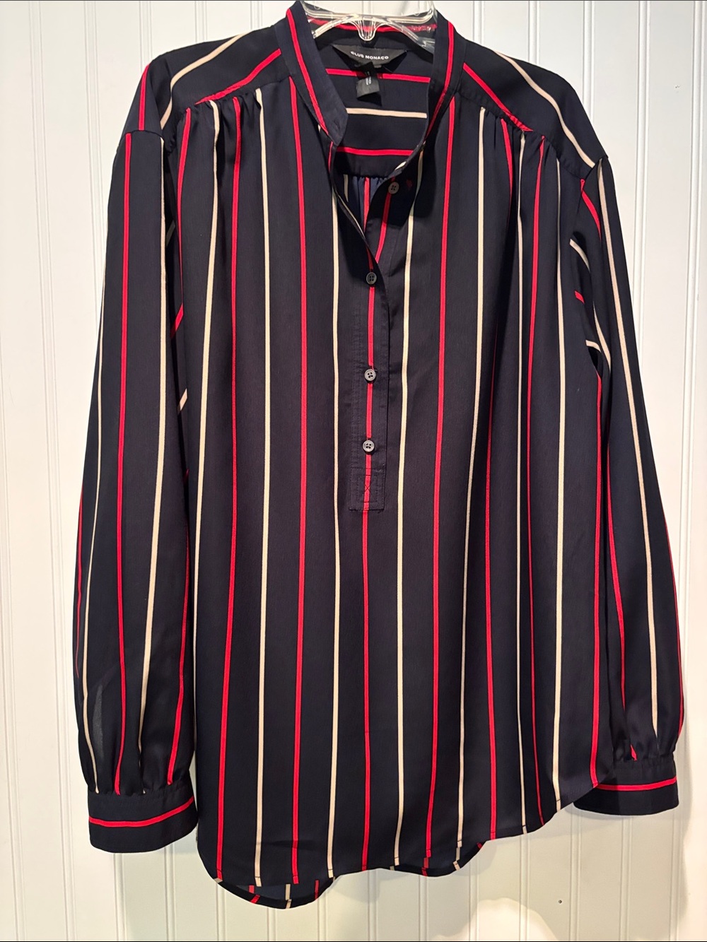 Club Monaco Navy Stripe Button Front Blouse with Manadrin Collar Sz L